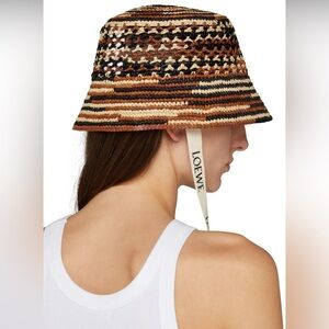 LOEWE x Paula’s Ibiza leather and webbing trimmed striped raffia bucket hat